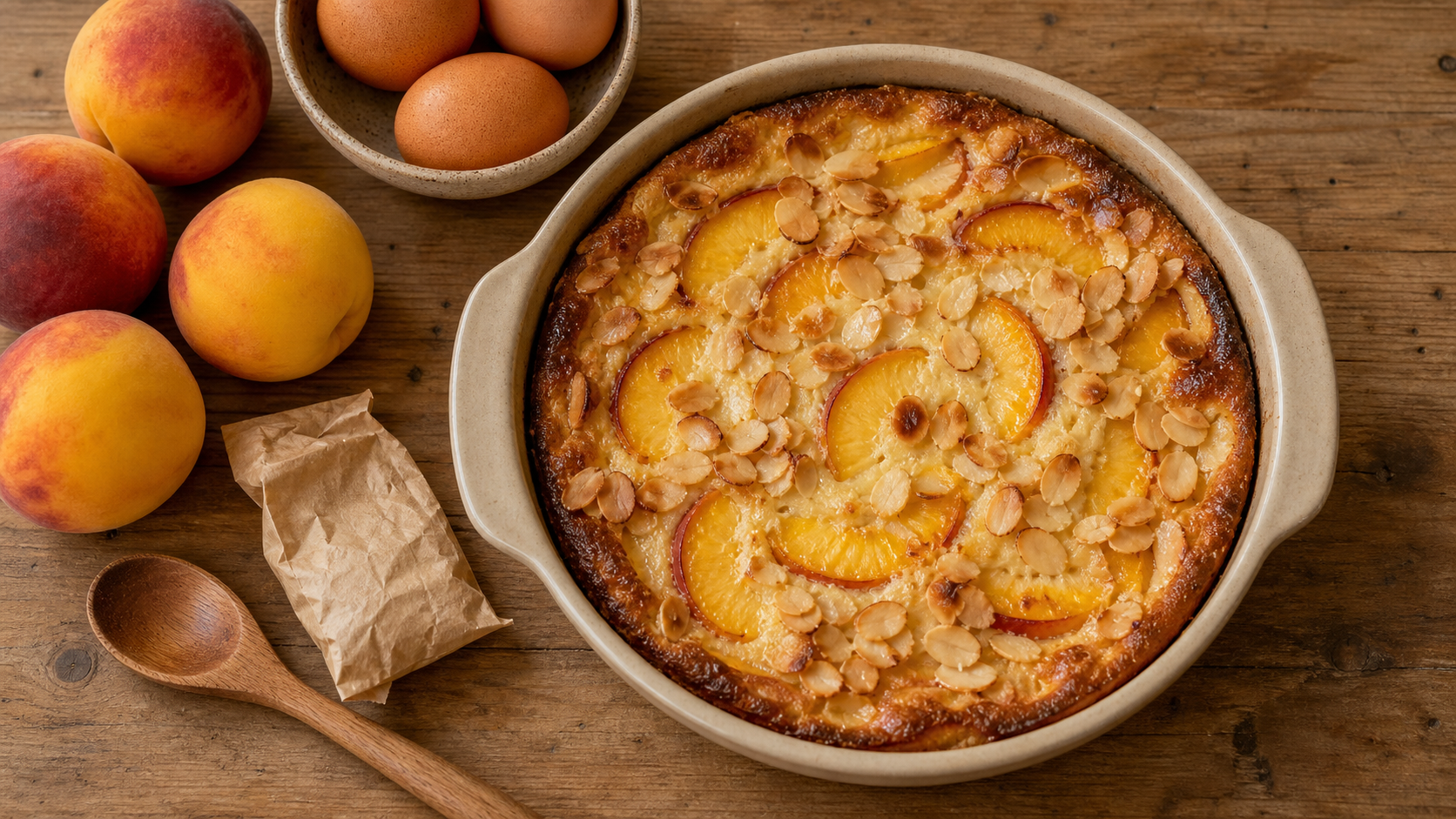 Desserts pêches : clafoutis aux pêches et amandes sur table en bois