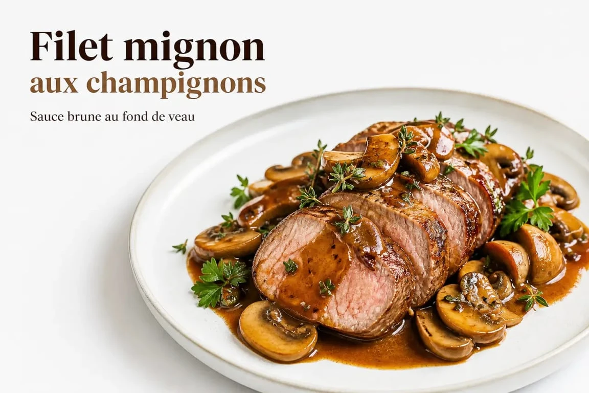 Filet mignon aux champignons nappé d'une sauce au fond de veau pour illustrer comment utiliser le fond de veau en cuisine