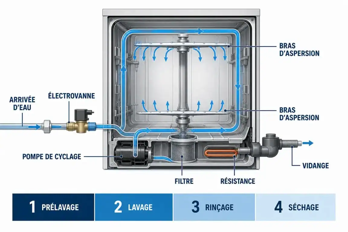 Comment fonctionne un lave vaisselle : schéma du cycle de lavage, des bras d’aspersion, du filtre et de la pompe