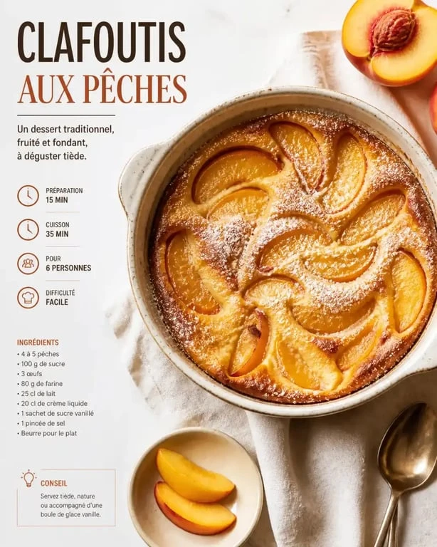 Clafoutis aux pêches maison servi dans un plat, dessert estival gourmand