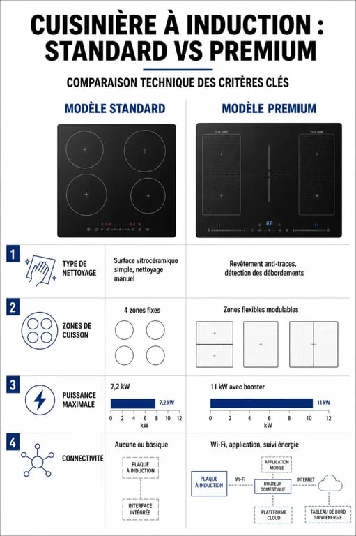 Infographie comparative des caractéristiques techniques pour choisir la meilleure cuisinière à induction