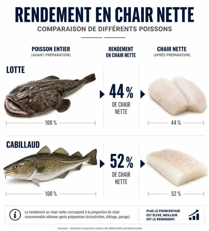 Infographie illustrant le rendement en chair nette du poisson selon l'espèce pour savoir combien de grammes de poisson par personne acheter.