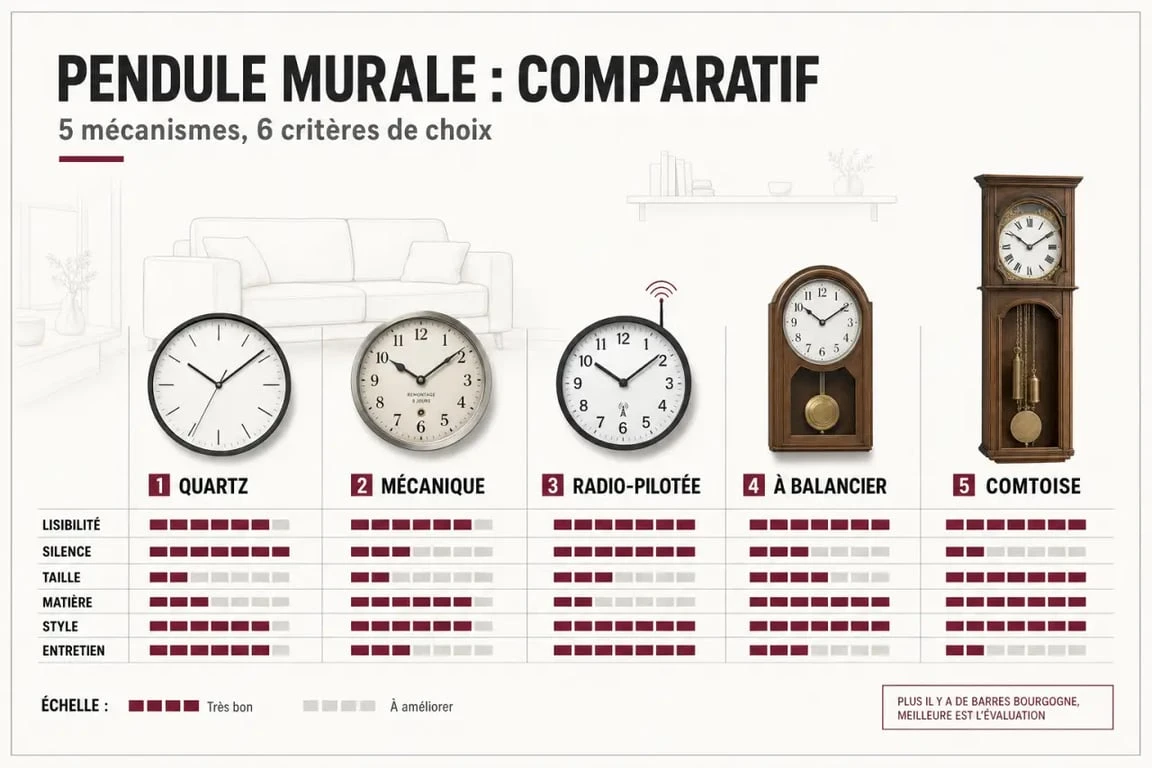 Infographie comparative sur la pendule murale : types, styles et critères de choix