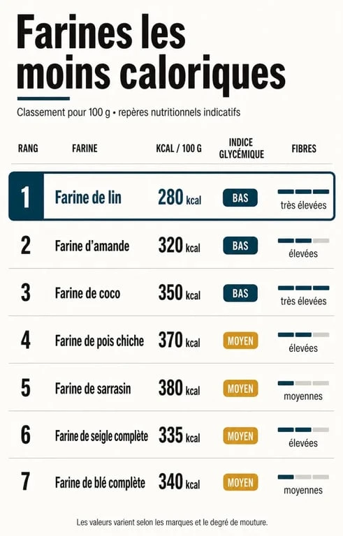 Quelle est la farine la moins calorique : infographie comparative des calories, fibres et indice glycémique des farines