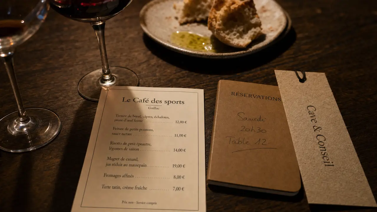 Gaillac restaurant : deux verres de vin, carte de menu et ambiance bistrot