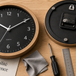 Pendule murale lisible et silencieuse, cadran noir mat et chiffres blancs.