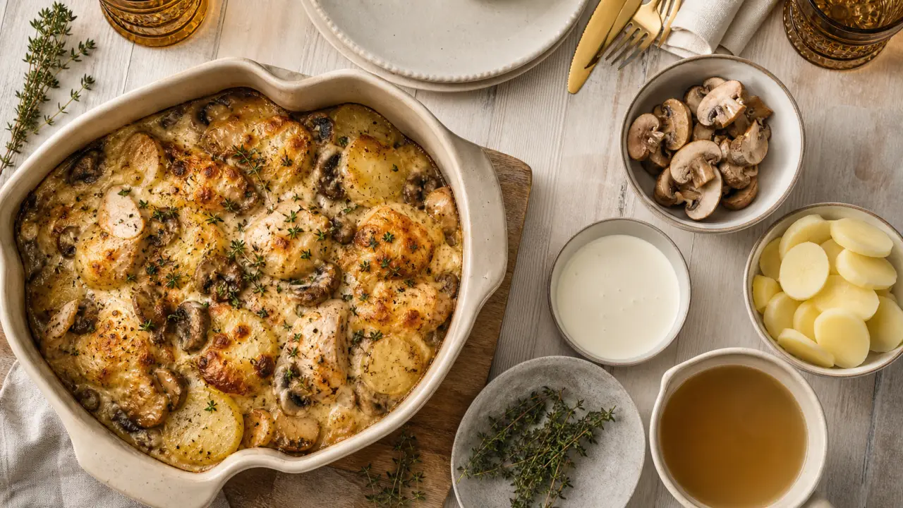 Plat a base de poulet : gratin crémeux au poulet et champignons, vue du dessus