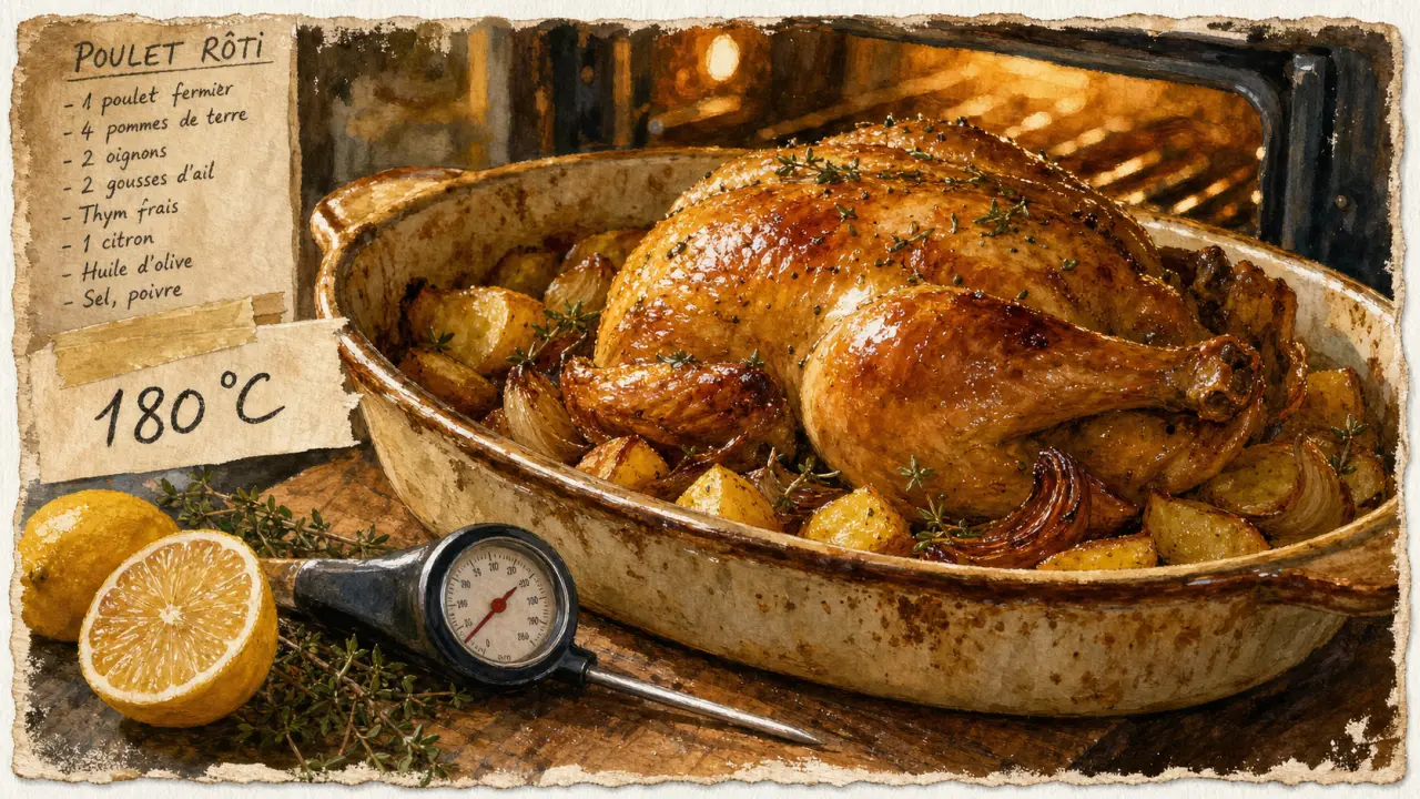 Poulet au four : temps de cuisson à 180 °C, cuisson à cœur