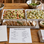 Repas pour 30 personnes : buffet froid, salades, pain et ustensiles
