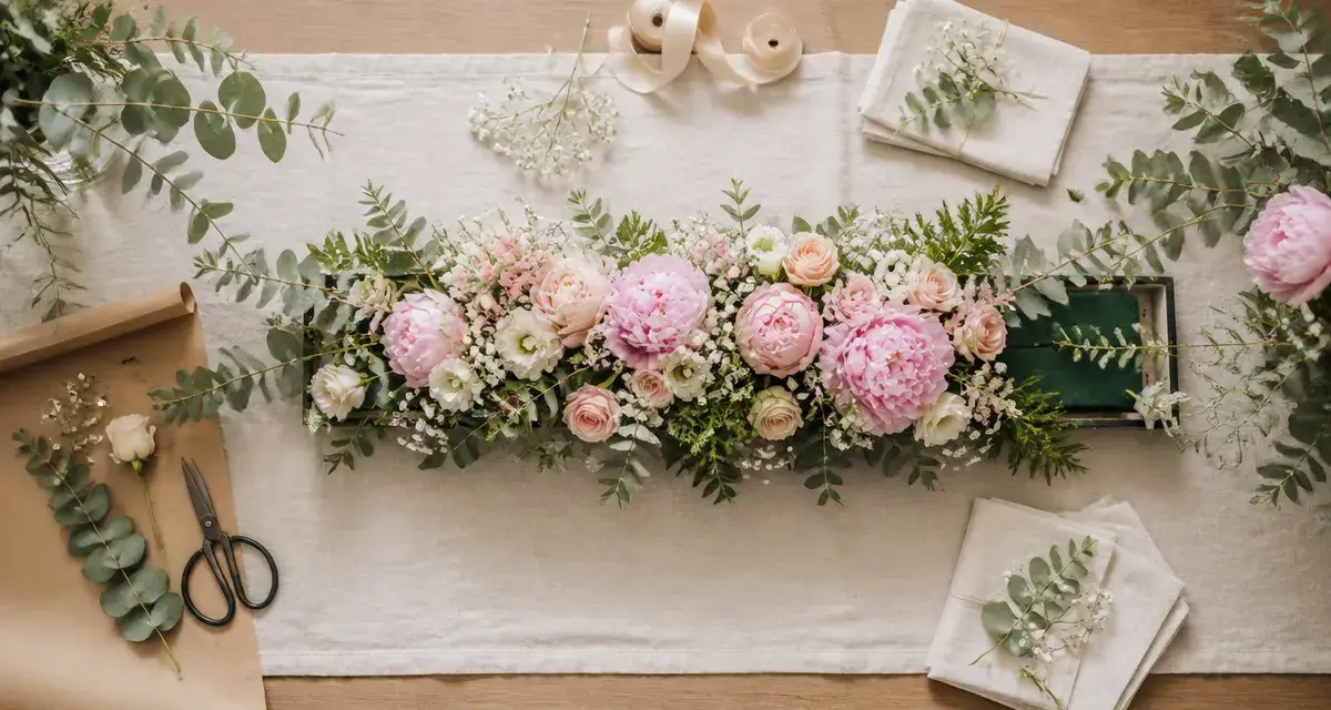 Art floral centre de table allongé, fleurs champêtres sur mousse florale