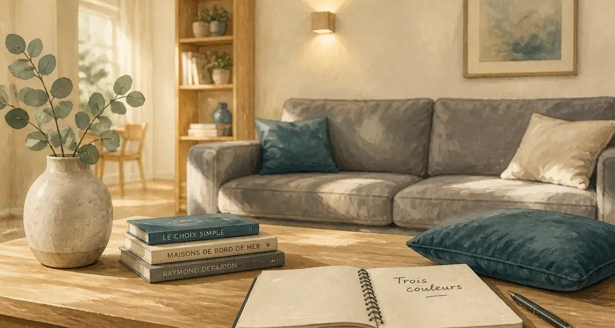 Conseils déco : salon crème, gris et chêne avec accent bleu canard (3 couleurs).