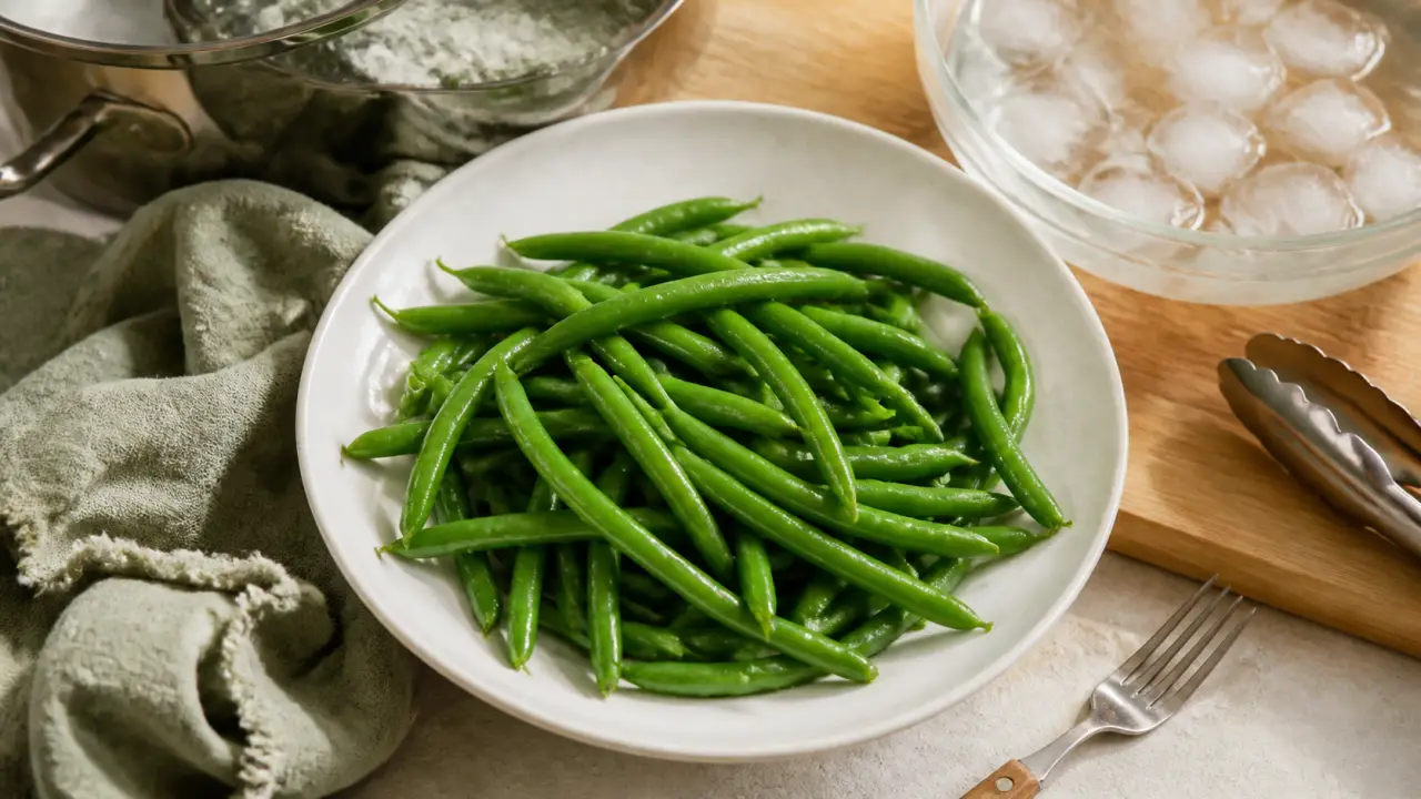Cuire haricots verts frais : haricots verts éclatants, cuisson et eau glacée