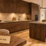 Cuisine noyer avec façades en noyer mat, lumière chaude