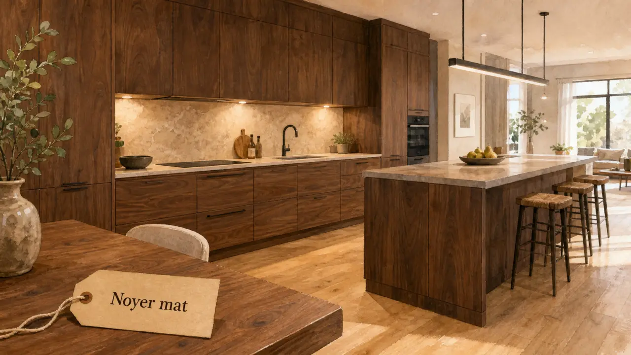 Cuisine noyer avec façades en noyer mat, lumière chaude