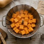 Cuisson butternut vapeur 15 à 20 minutes, cubes dans un panier vapeur