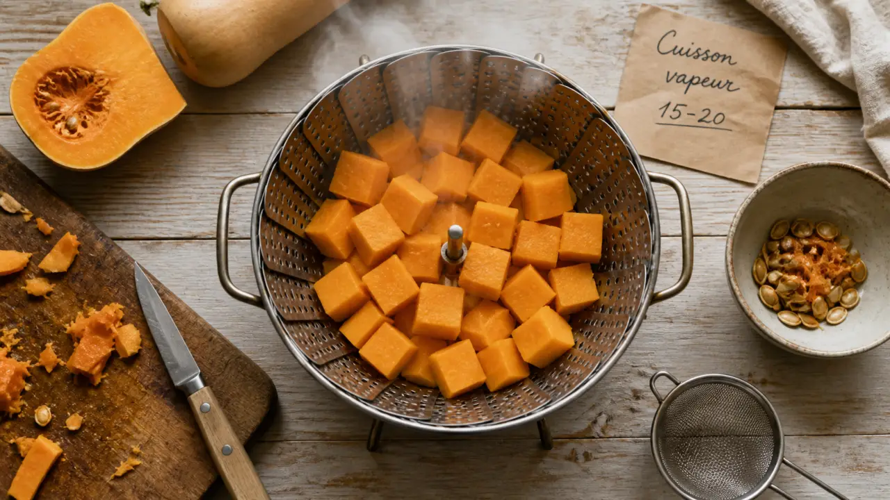 Cuisson butternut vapeur 15 à 20 minutes, cubes dans un panier vapeur