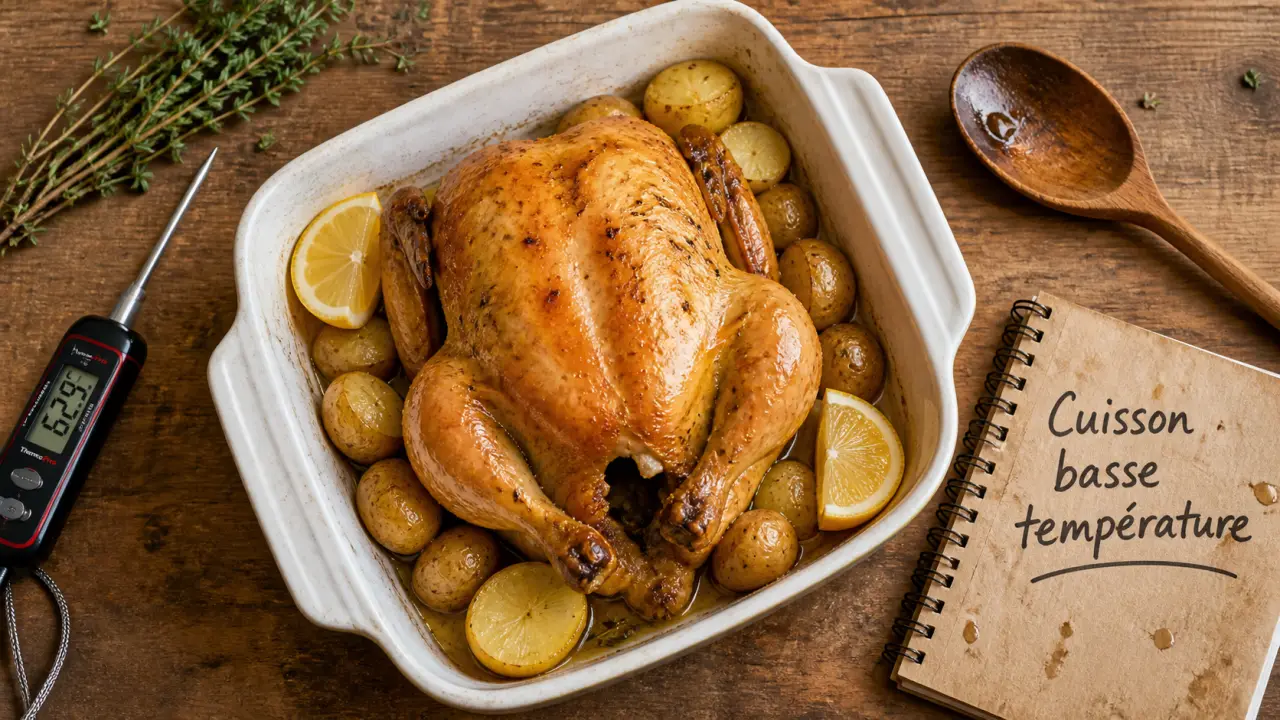 Cuisson poulet basse température : poulet à 150°C départ froid, peau croustillante