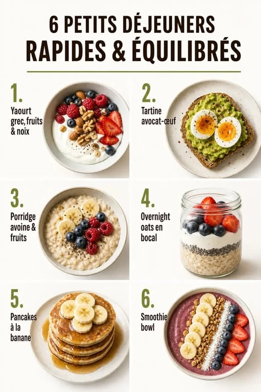Idée petit déjeuner : six options rapides et équilibrées présentées dans une composition visuelle inspirante
