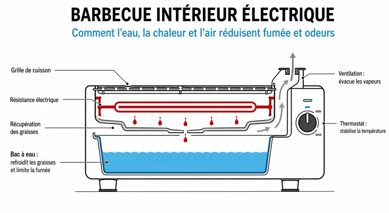 Barbecue interieur : schéma du bac à eau et du thermostat pour réduire fumée et odeurs
