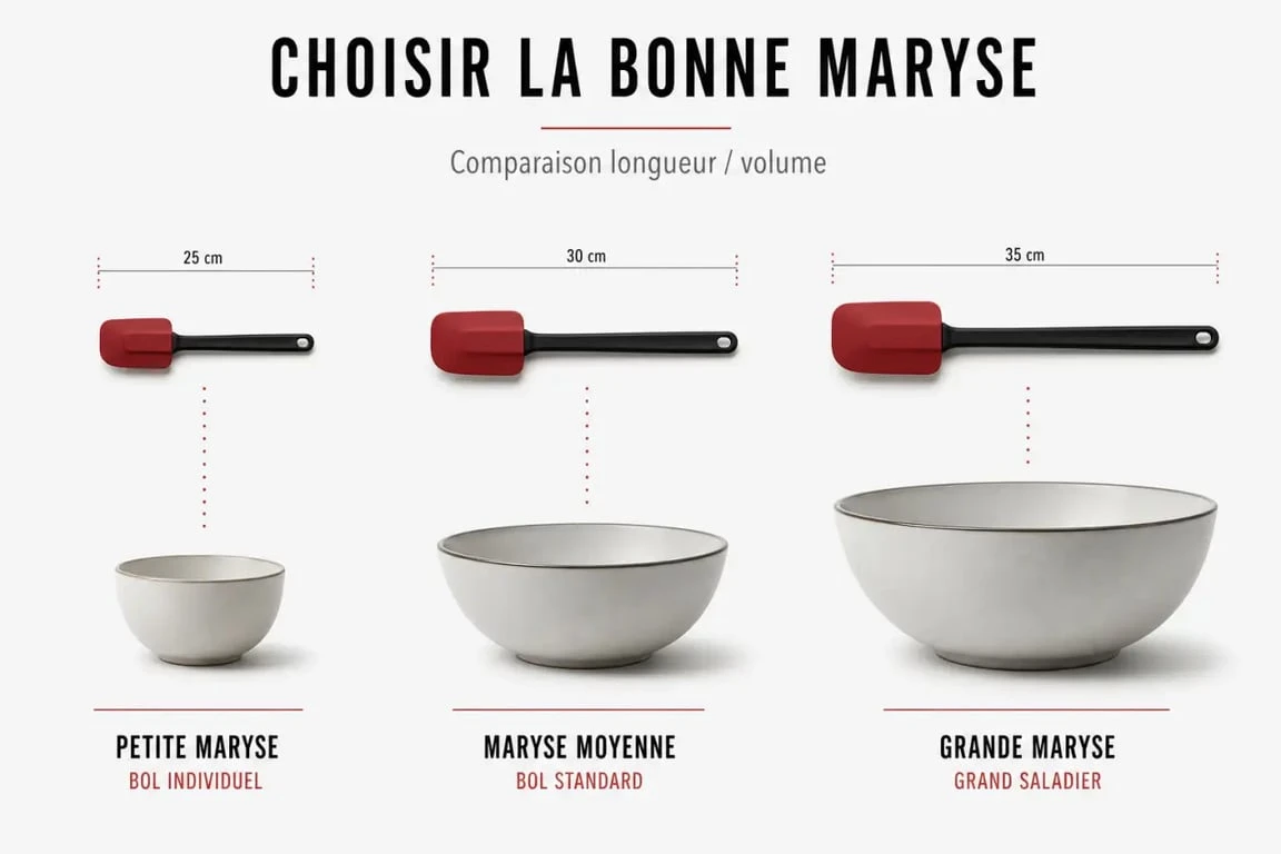 Ustensiles de cuisine maryse comparés par tailles et usages sur fond neutre