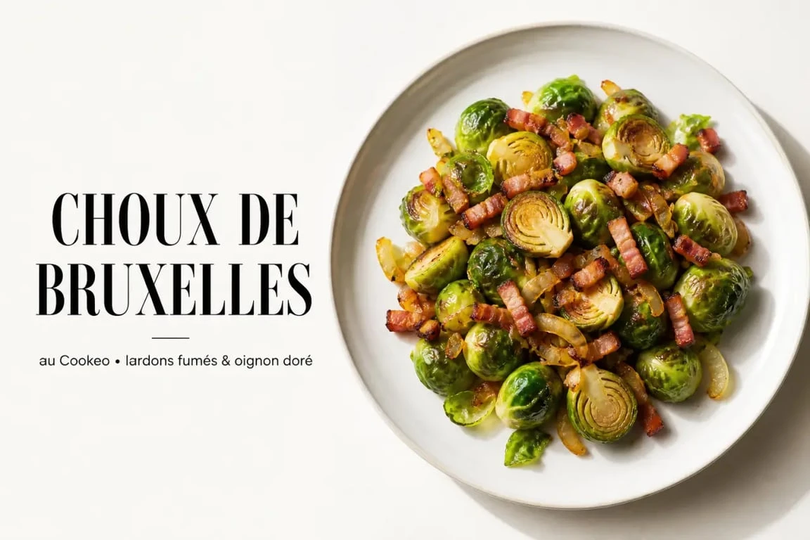 Choux de Bruxelles Cookeo aux lardons et oignon, servis chauds dans une assiette dressée
