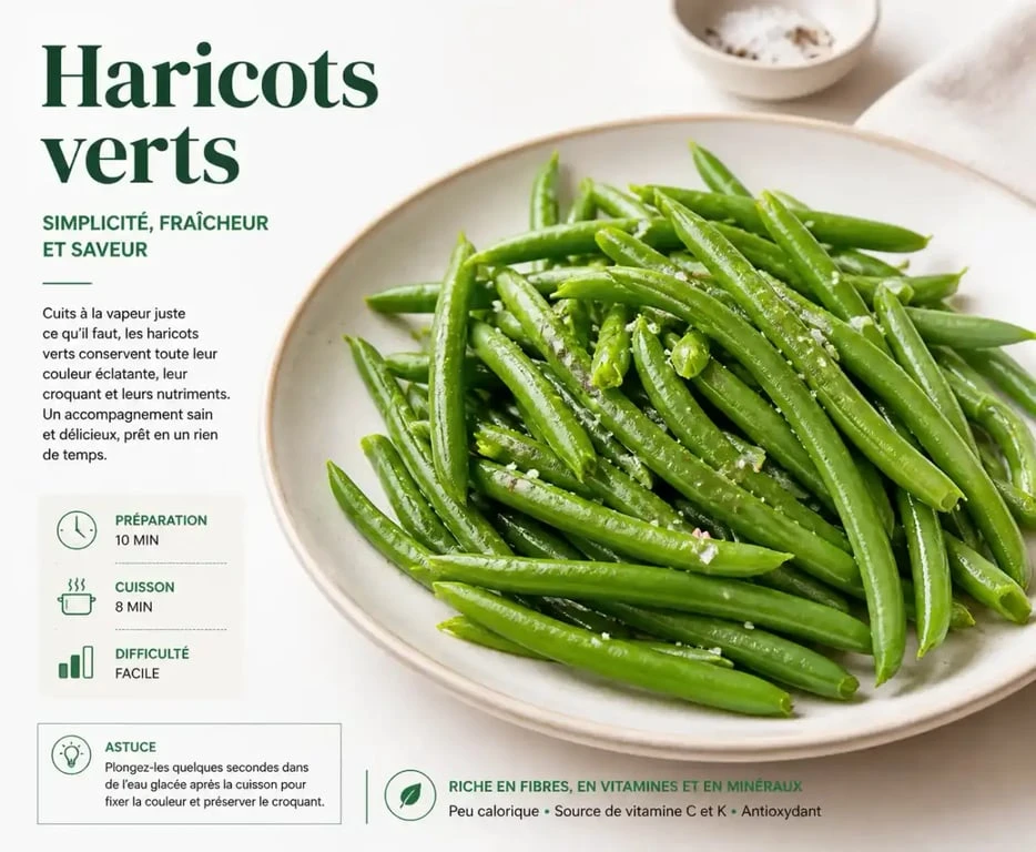 Haricots verts frais cuits à la vapeur dans une assiette pour une recette saine et savoureuse