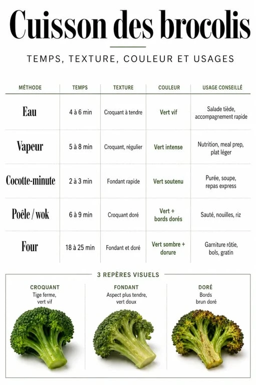 Cuisson brocolis : infographie comparative des méthodes, temps et textures
