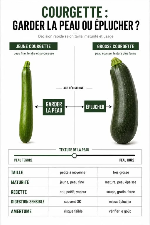 Peut on manger la peau des courgettes : visuel comparatif montrant quand garder la peau et quand éplucher