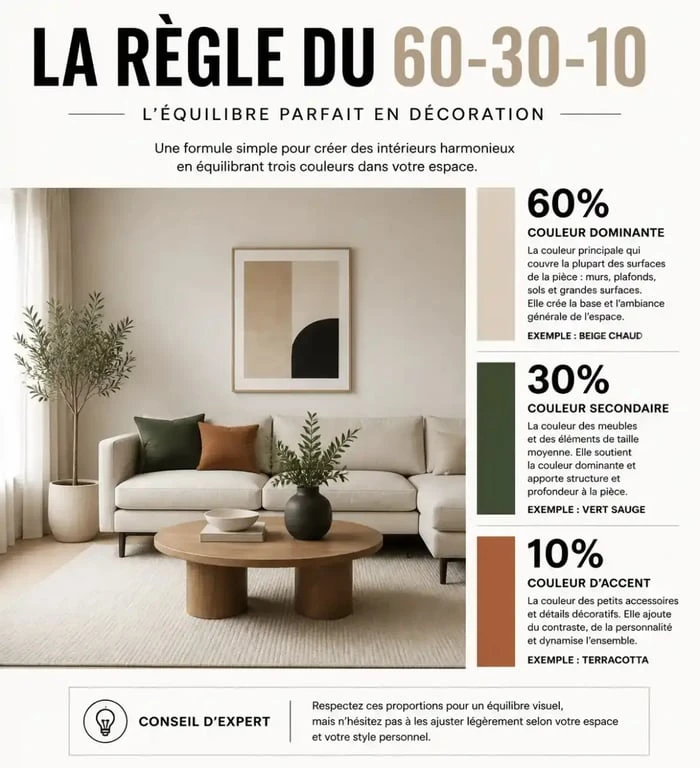 Illustration de la règle des 3 couleurs pour des conseils déco réussis