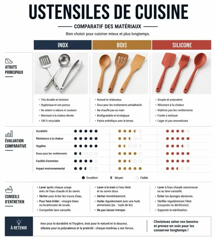 Tableau comparatif des matériaux pour ustensiles de cuisine : inox, bois et silicone pour bien choisir son équipement.