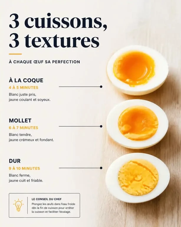 Comparaison des textures d'oeuf coque, mollet et dur pour réussir son temps de cuisson