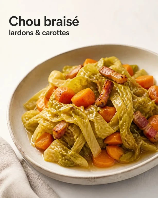 Cuisson du chou vert braisé aux lardons et carottes dans une assiette rustique