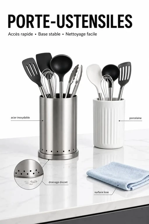 Porte ustensiles cuisine en situation sur un plan de travail, avec ustensiles accessibles et base stable