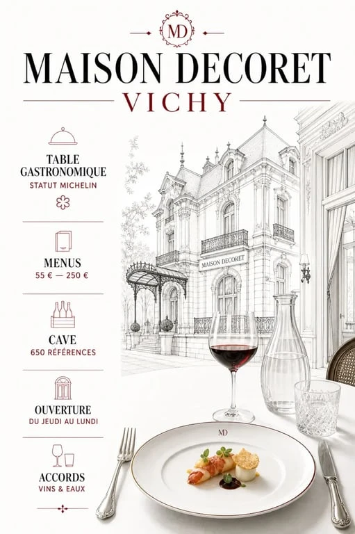 Maison Decoret, restaurant michelin vichy : illustration éditoriale des menus, du statut Michelin et de l’ambiance gastronomique