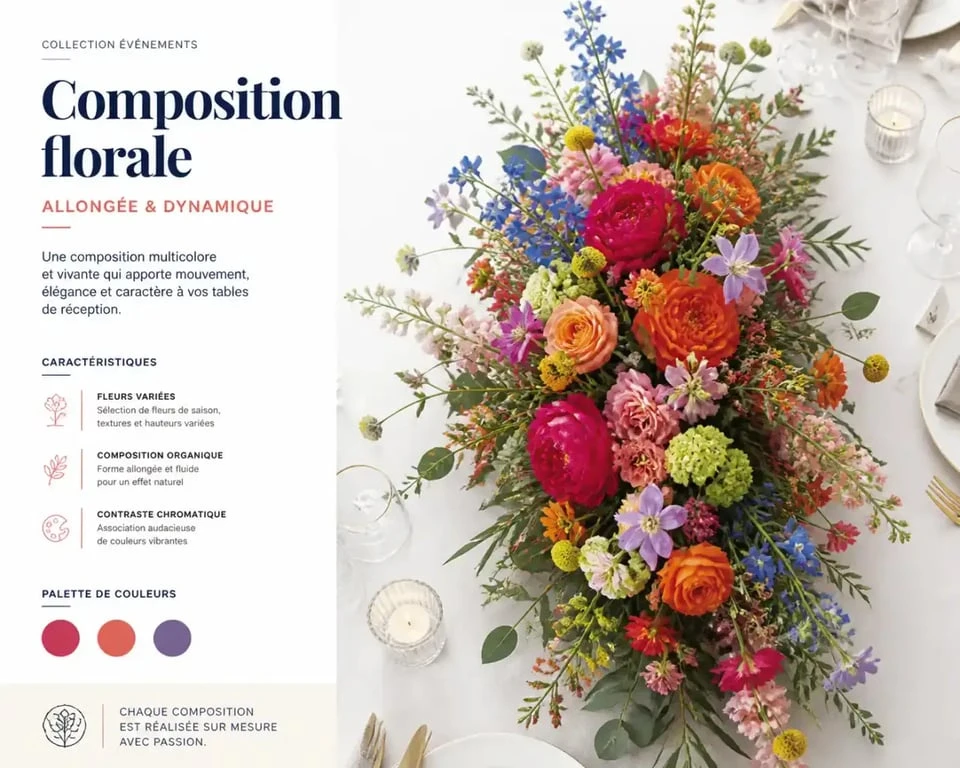 Art floral centre de table allongé multicolore pour événement festif