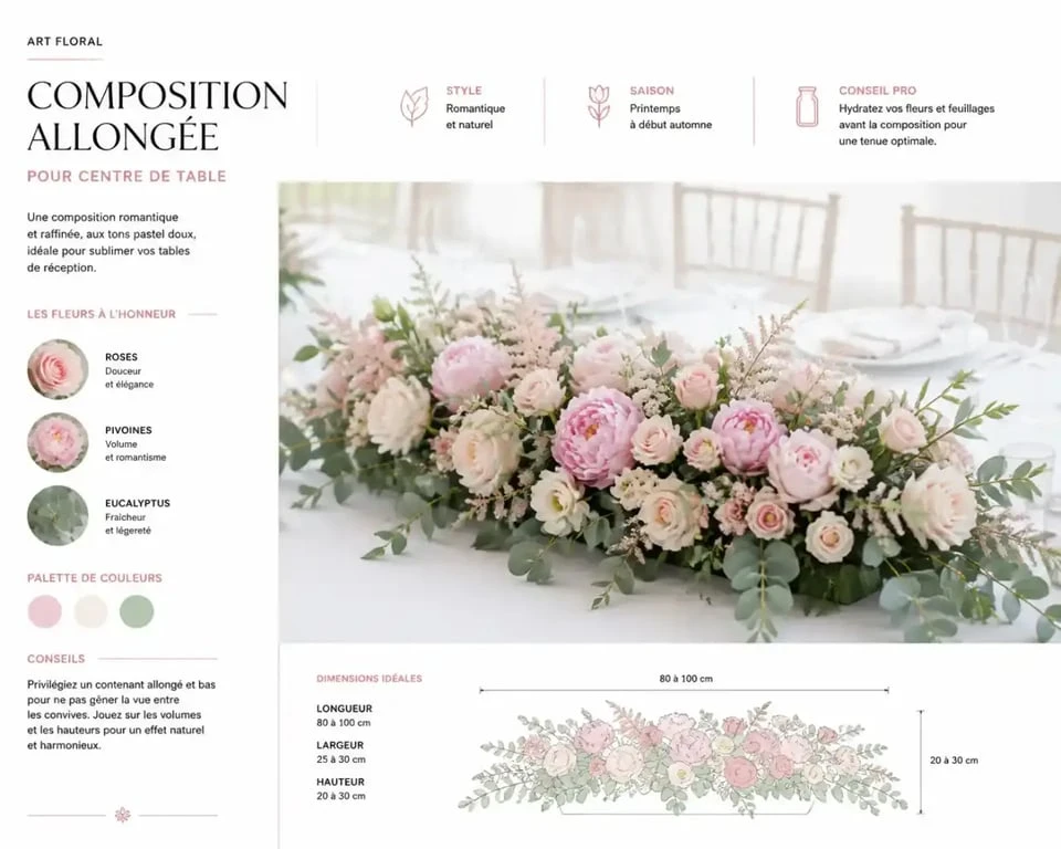 Centre de table allongé art floral dans des tons pastel pour un mariage champêtre