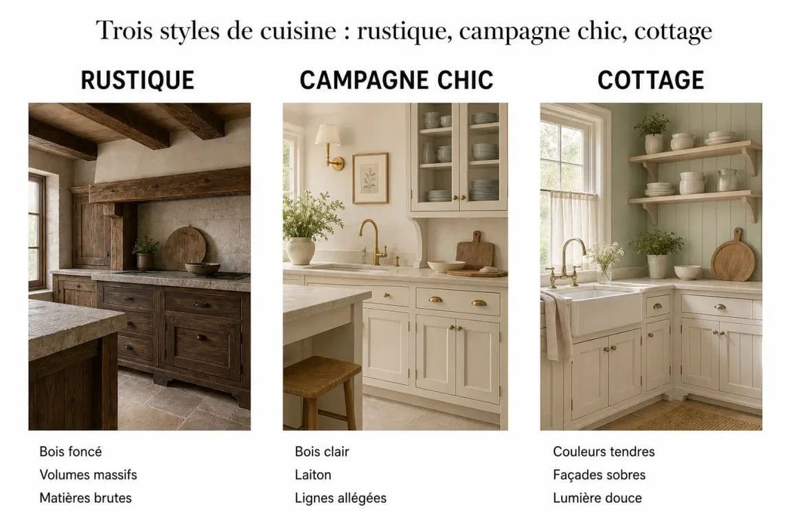 Comparaison visuelle des styles cuisine maison de campagne rustique, campagne chic et cottage