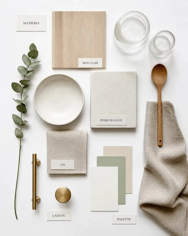Palette de matières et couleurs pour une cuisine maison de campagne