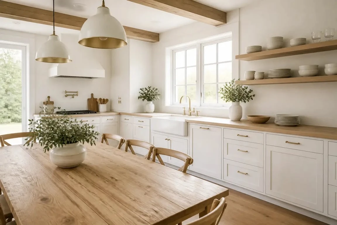 Cuisine maison de campagne lumineuse avec évier timbre, bois clair et étagères ouvertes