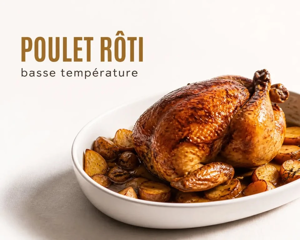 Cuisson poulet basse température : poulet rôti doré et moelleux servi avec pommes de terre