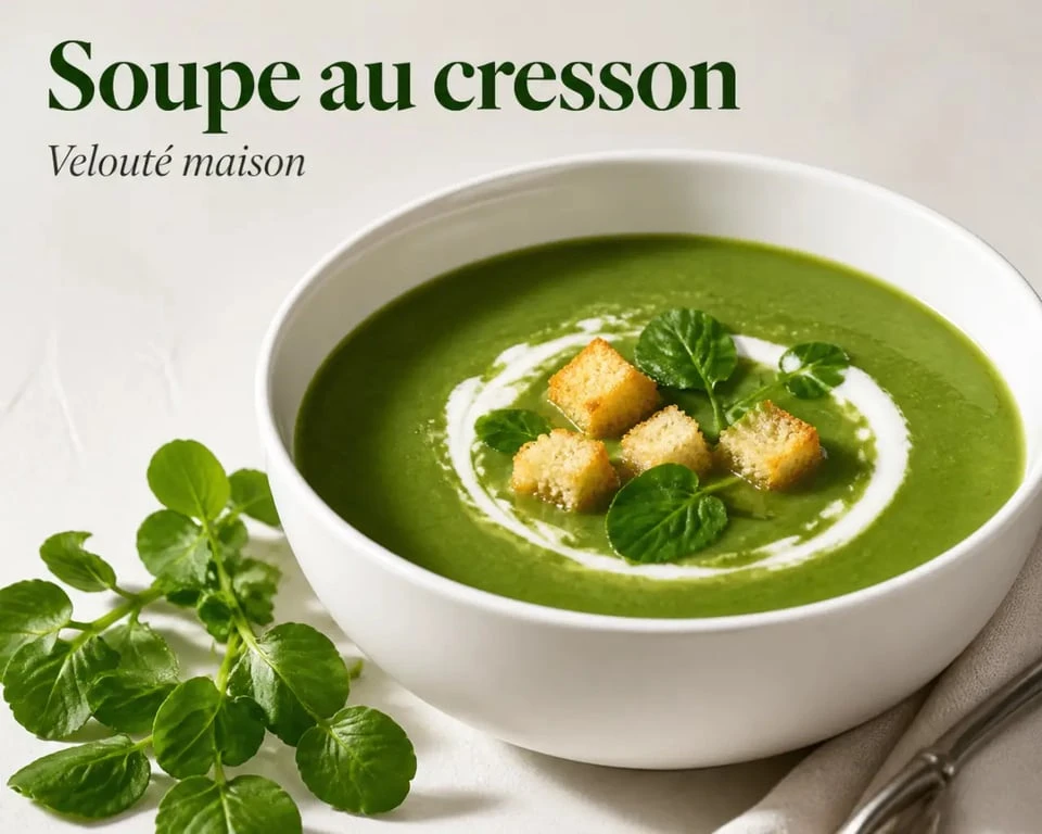 Recette de la soupe au cresson servie en bol blanc avec croûtons et crème