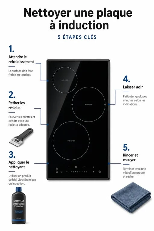 Infographie des 5 étapes pour nettoyer une plaque induction efficacement