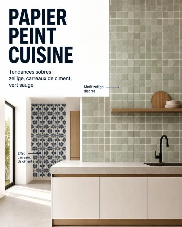 Tendance papier peint cuisine dans une cuisine contemporaine avec couleurs terreuses et motif décoratif
