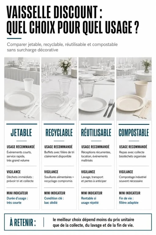 Infographie vaisselle discount comparant jetable, recyclable, réutilisable et compostable selon l’usage et les points de vigilance