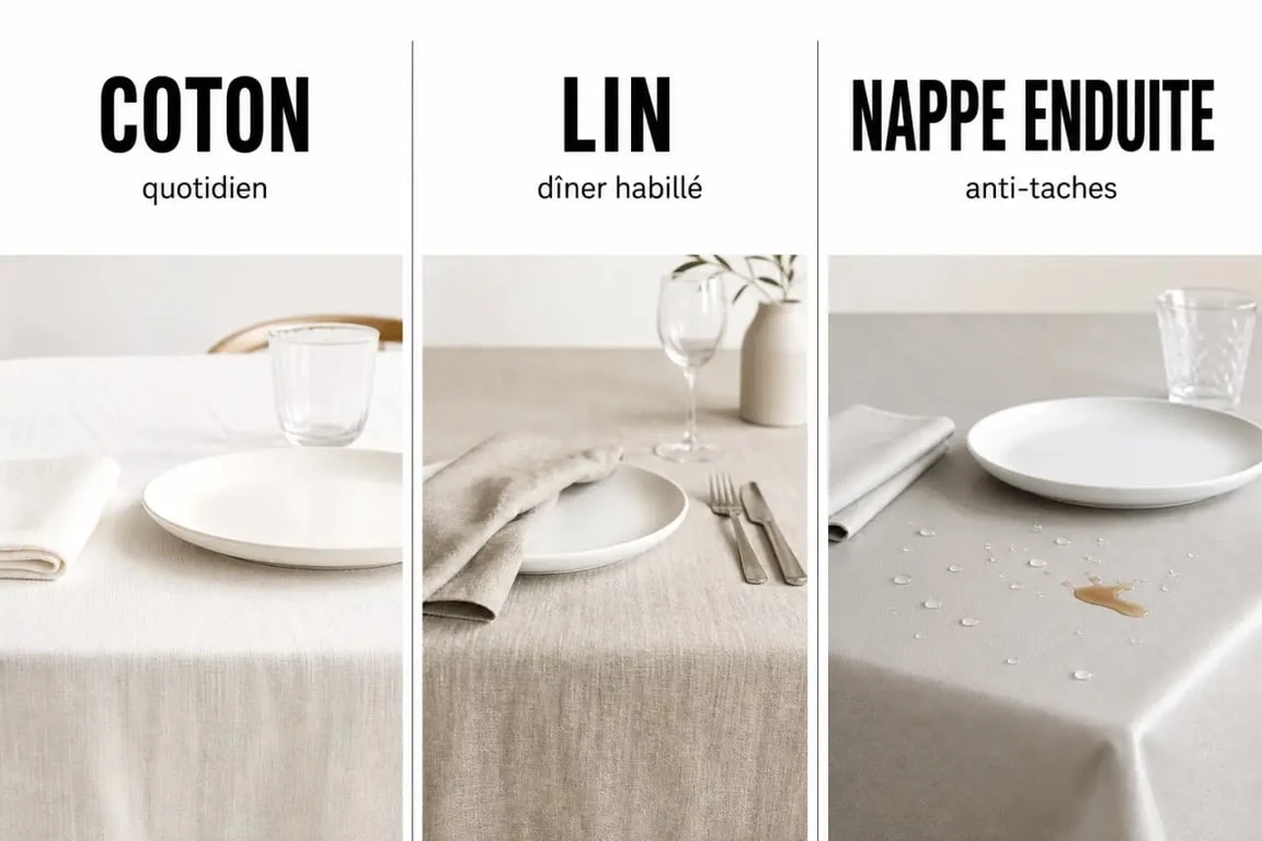 Nappe de table et serviette assorties sur une table élégante, avec trois ambiances coton, lin et enduite