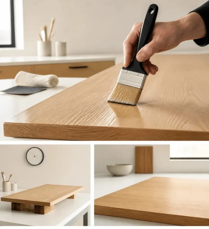 Application d'un verni bois alimentaire sur une table en bois clair