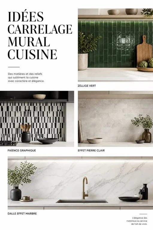 Idées carrelage mural cuisine dans une composition éditoriale montrant zellige, faïence graphique et effet pierre