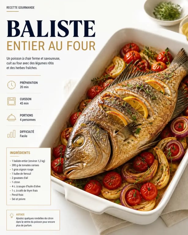 Baliste au four cuisiné avec des tomates, du fenouil et du citron