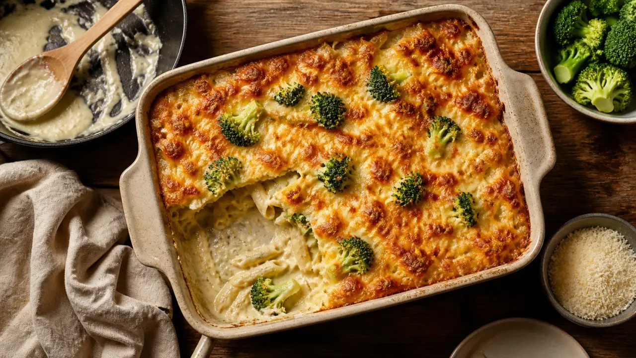 Gratin pate brocolis crème fondant bien gratiné au four
