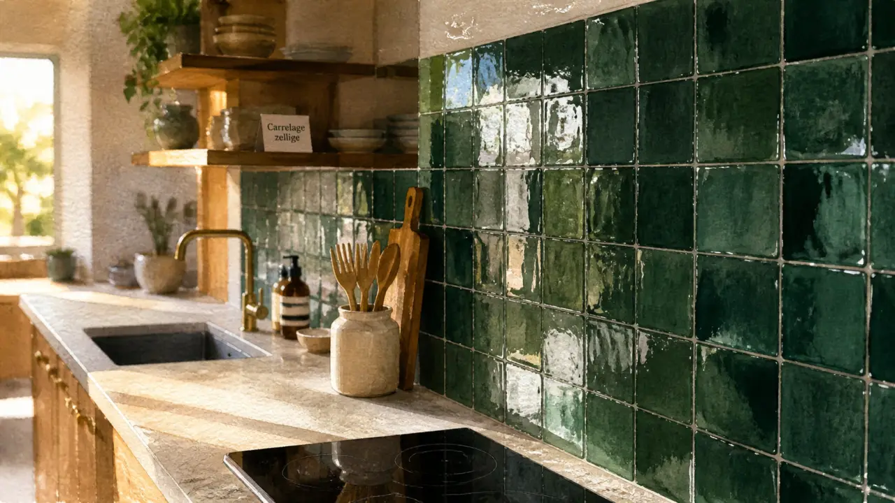 Idée carrelage mural cuisine en zellige vert, crédence derrière plan de travail